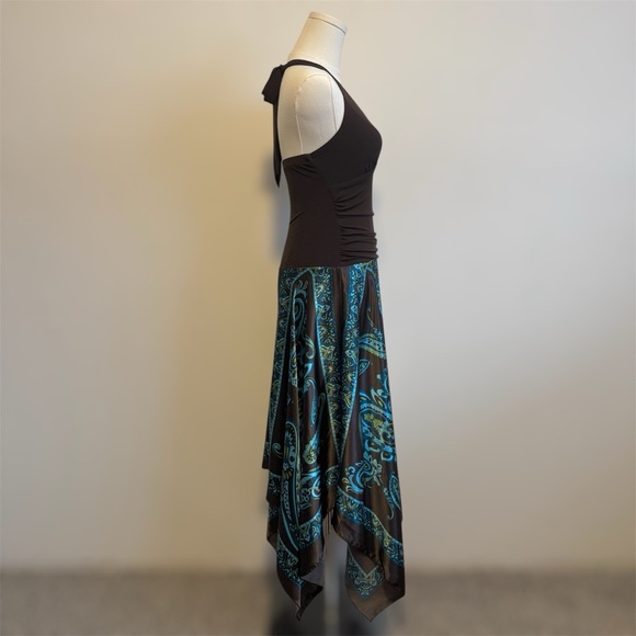STUDIO Y Vintage Y2K Brown Blue Paisley V Neck Handkerchief Hem Halter Dress - Picture 4 of 11